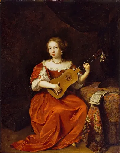 Молодая леди, играющая на гитаре by Каспар Нетшер, 1669 — digital art print download