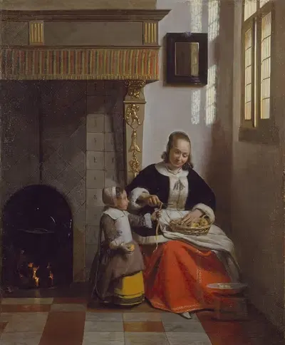 Женщина, очищающая яблоки by Питер де Хох, c. 1663 — digital art print download
