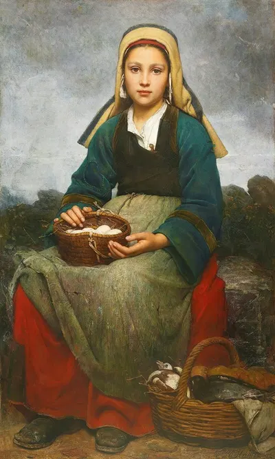 A Young Girl Holding A Basket Of Eggs by Emile-Auguste Hublin, 1874 — digital art print download