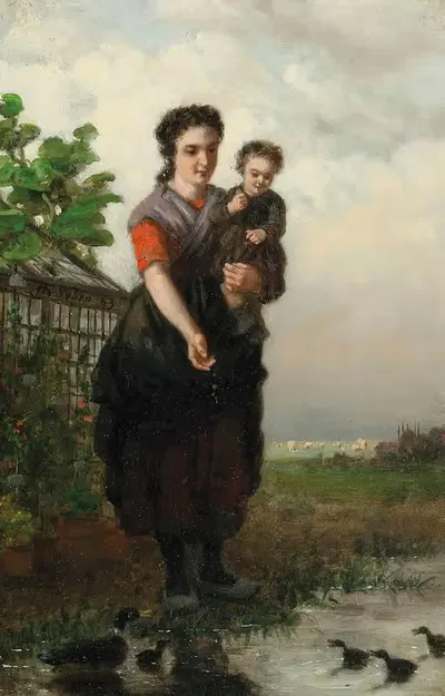 Feeding the ducks by Henri Van Seben, 1863 — digital art print download