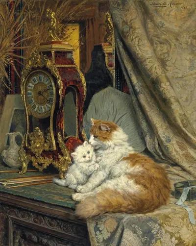 A Mother Cat and her Kitten with a Bracket Clock by Анриэтта Роннер-Книп, 1897 — digital art print download