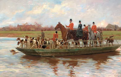 Mr. Edward Lycett Green and the York and Ainsty Hounds on the Ferry at Newby by Thomas Blinks, 1898 — digital art print…
