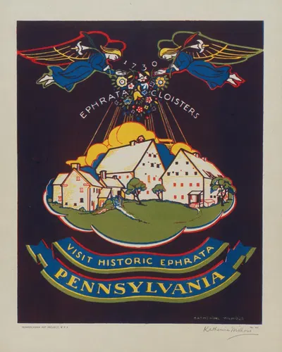 Visit historic Ephrata, Pennsylvania by Katherine Milhous, 1936-1941 — digital art print download