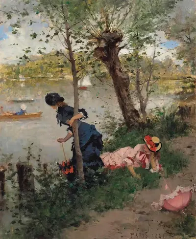Элегантные дамы отдыхают у реки by Франсеск Миратес и Галауп, 1881 — digital art print download