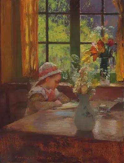 Молодая девушка в чепце, читающая у окна by Гастон Ла Туш — digital art print download