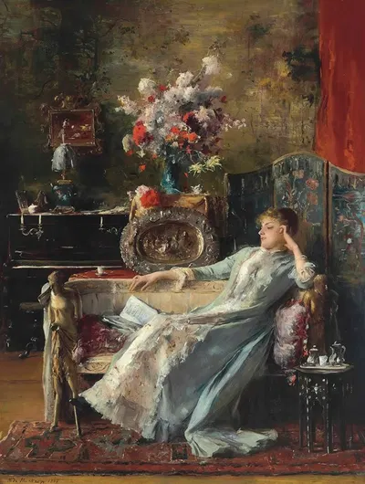 Молодая женщина, сидящая на диване by Михай Мункачьи, 1887 — digital art print download