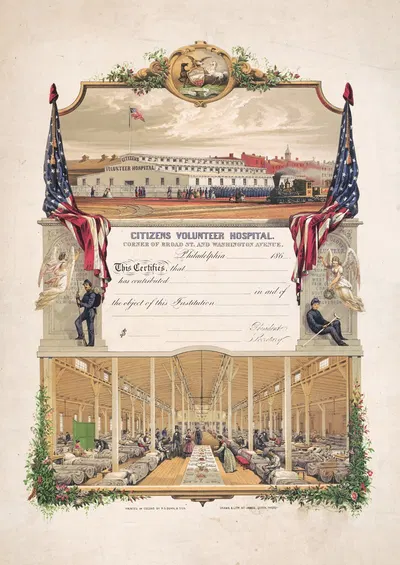 Citizens Volunteer Hospital – corner of Broad St. and Washington Ave. by James Fuller Queen, 1863 — digital art print…