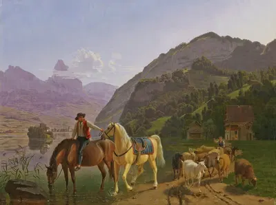 Всадник с двумя лошадьми и стадом by Иоганн Якоб Бидерман, 1809 — digital art print download