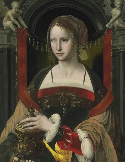 Saint Mary Magdalene Before A Curtain Supported By Angels In An Architectural Niche by The Master of the Parrot, 1525-1550…