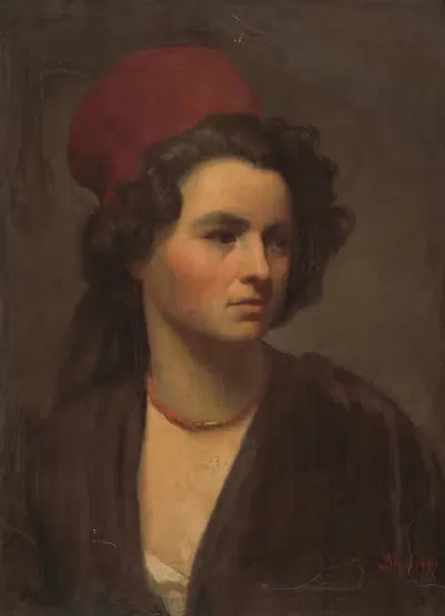Портрет девушки в красном шарфе by Гюла Бенцур, 1860-1865 — digital art print download