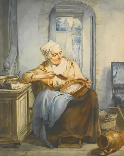 Interior With An Old Lady Preparing Food by Jacob van Strij — digital art print download