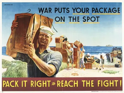 War puts your package on the spot. Pack it right to reach the fight! by John Philip Falter — digital art print download