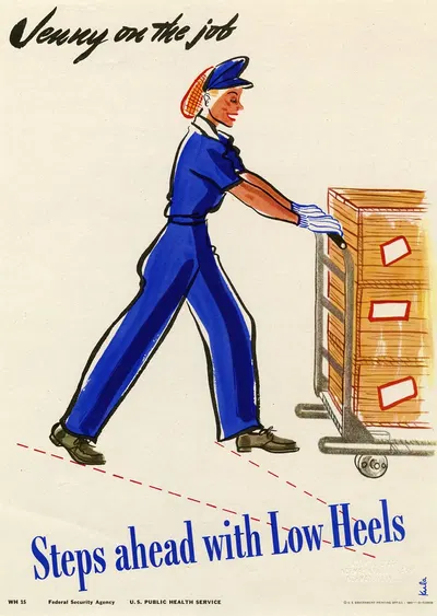 Jenny on the job steps ahead with Low Heels by Kula Robbins, 1943 — digital art print download