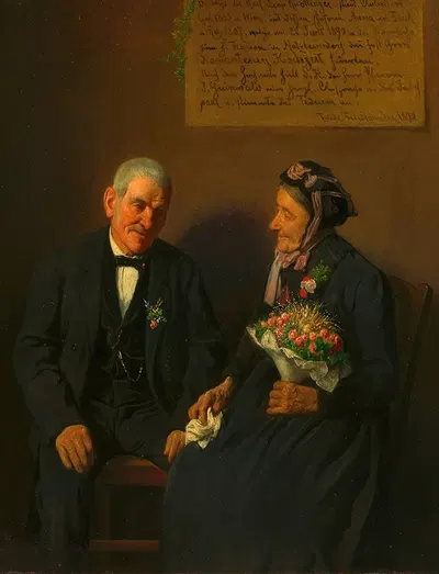 Das Ehepaar Knottinger nach der Feier ihrer diamantenen Hochzeit by Friedrich Friedländer, 1890 — digital art print download