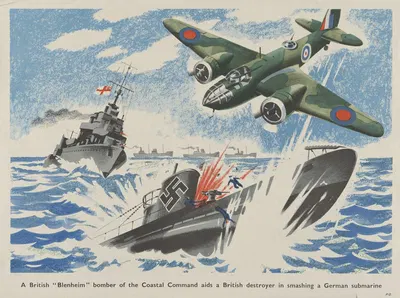A British 'Blenheim' bomber of the coastal command aids a British destroyer in smashing a German submarine by Роланд Дэвис…
