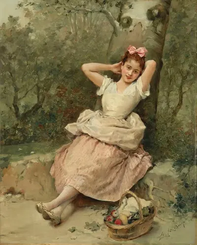 Молодая девушка, сидящая у дерева by Раймундо де Мадразо и Гаррета — digital art print download