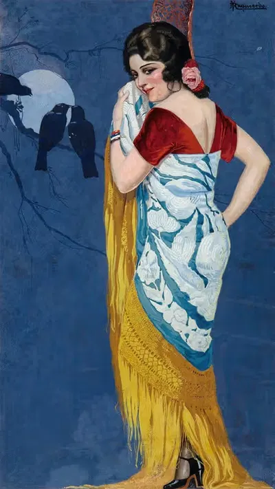 Молодая женщина, улыбающаяся при лунном свете by Рамон Хосе Искиердо и Гарридо — digital art print download