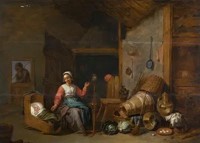 Interior with a mother spinning yarn by a cradle by Abraham Willemsens — digital art print download