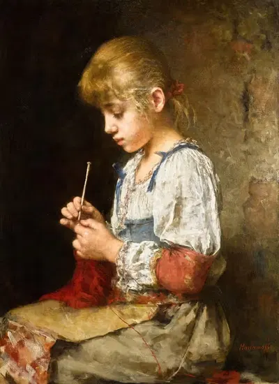 Girl Crocheting by Alexei Harlamoff — digital art print download