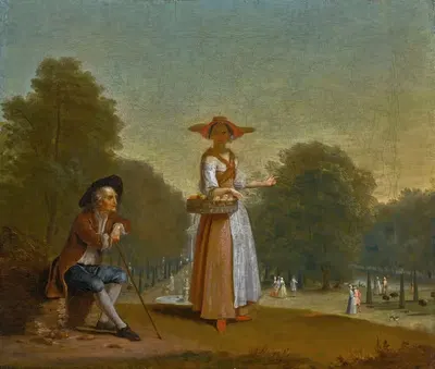 A fruitseller and a man resting, a park beyond by Pieter Angillis — digital art print download