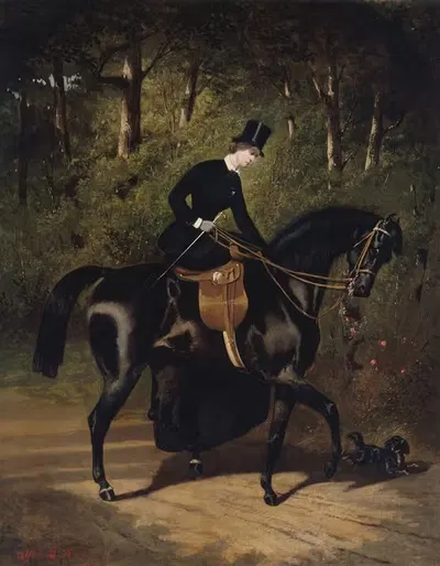 Всадница Кипплер на своей чёрной кобыле by Альфред Де Дрю, 1850 — digital art print download