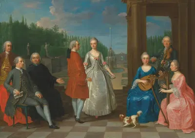 Портрет Жака-Жана Кремера (1736- после 1803) и его жены, танцующих на террасе сада, окруженной другими членами семьи,…
