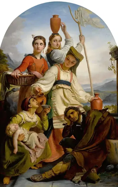 Jeunes filles à la fontaine donnant à boire à des voyageurs, costumes des environs de fundi by François-Joseph Navez, 1848…