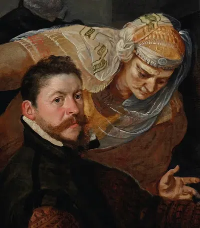 Портрет художника, сидящего с женщиной, наклонившейся к его плечу by Франс Флорис — digital art print download