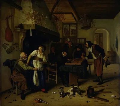 Interior of an inn with an old man amusing himself with the landlady and two men playing backgammon, known as 'Two kinds of…