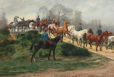 Солдаты ведут лошадей через мост by Жан Ришар Губи, 1880 — digital art print download