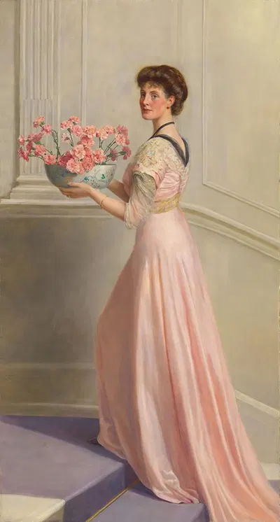 Portrait of a lady in pink carrying a bowl of pink carnations by John Collier — digital art print download