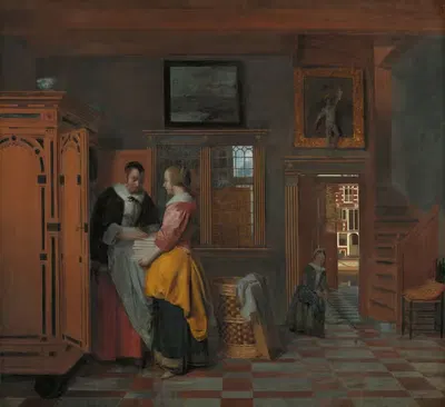 Интерьер с женщинами рядом с шкафом для белья by Питер де Хох, 1663 — digital art print download