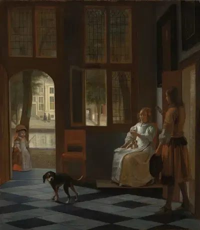 Мужчина, передающий письмо женщине в прихожей дома by Питер де Хох, 1670 — digital art print download