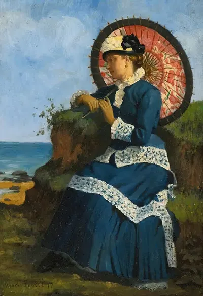 Элегантная дама на берегу с розовым зонтом by Альбер-Огюст Фурье, 1879 — digital art print download