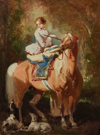 Амазонка блондинка, смотрящая на двух собак и коня рыжего цвета by Альфред Де Дрю — digital art print download