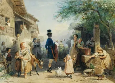 Lively village scene by Edouard Girardet, 1868 — digital art print download