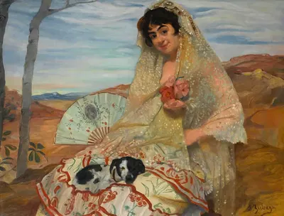 Joven sentada con un perro by Ignacio Zuloaga — digital art print download