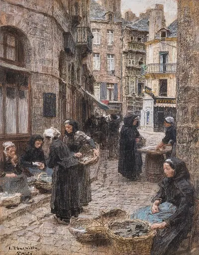 Рыбный рынок, Сен-Мало by Леон Огюст Лермиц — digital art print download