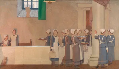 Orphan Girls in the Refectory of a Hospital, Proceeding to Their Place at the Table by Frederick Cayley Robinson, 1915 —…