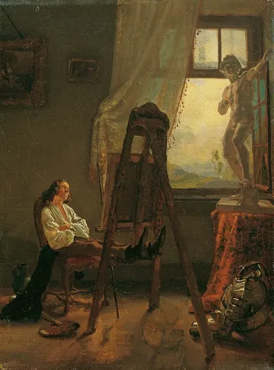 Заснувший художник в ателье by Йозеф Данхаузер, 1830 — digital art print download