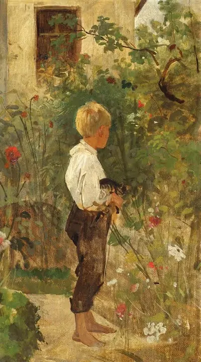 Knabe mit Katze im Garten by Joseph Hasslwander — digital art print download