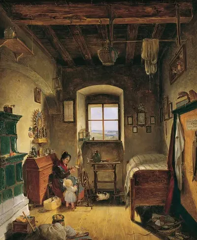 Die Witwe des Landwehrmannes (Bauernstube) by Albert Schindler, 1836 — digital art print download