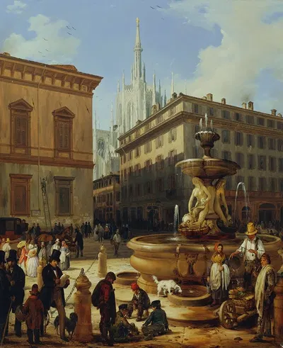 Уличный вид из Милана, на заднем плане собор by Анджело Инганни, 1844 — digital art print download