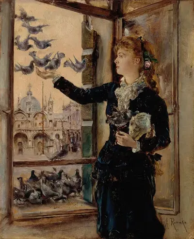 Mädchen an einem Fenster zum Markusplatz, Tauben fütternd by Anton Romako, 1875 — digital art print download