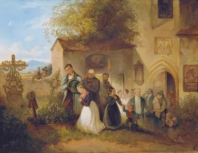 На кладбище ('Невеста у могилы') by Фридрих Иоганн Тремль, 1847 — digital art print download