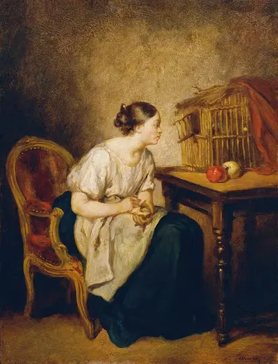 Молодая женщина с клеткой для птиц by Октава Тассаэрт, 1850 — digital art print download