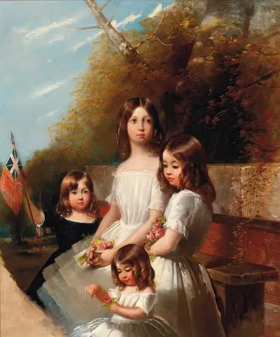 Group portrait of four children in a landscape by Henry Barraud — digital art print download