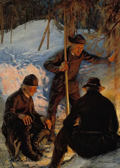 Lumberjacks around a Campfire by Pekka Halonen, 1893 — digital art print download
