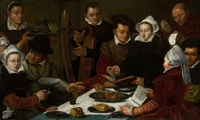 Company at a table by Dirck Barendsz., 1600-1625 — digital art print download