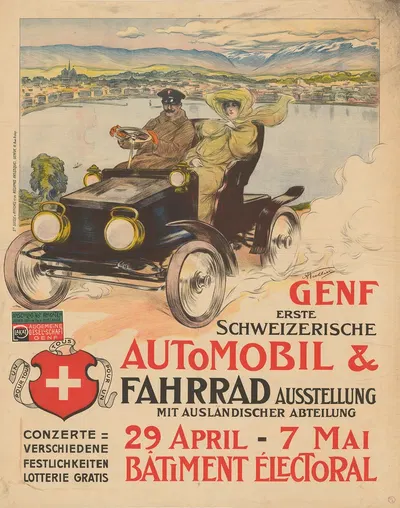Erste Schweizerische Automobil- & Fahrrad-Ausstellung – Genf – Bâtiment Electoral by Auguste Viollier, 1905 — digital art…